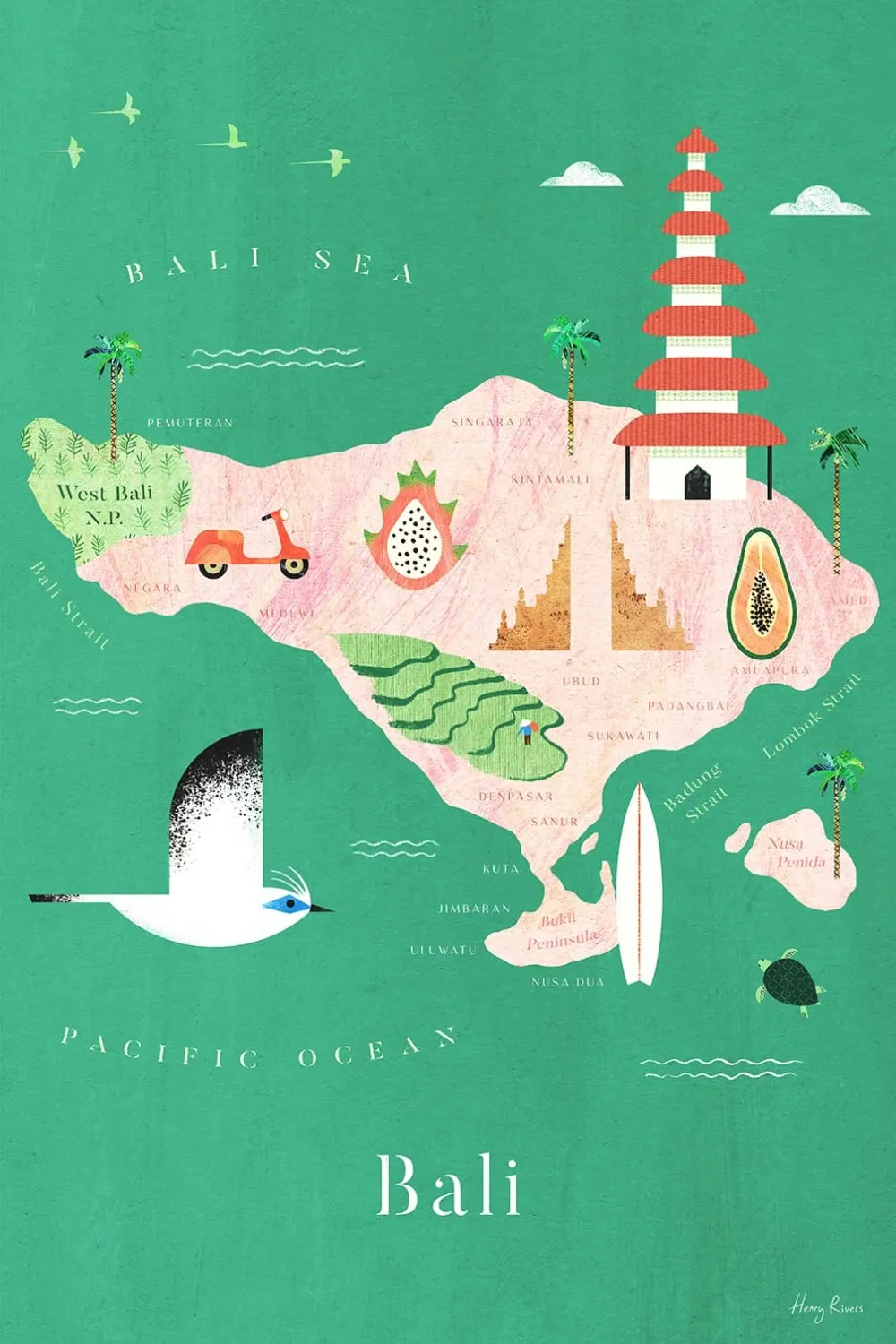 Tableau cartographie carte de bali  imprimé sur toile 60x90 cm