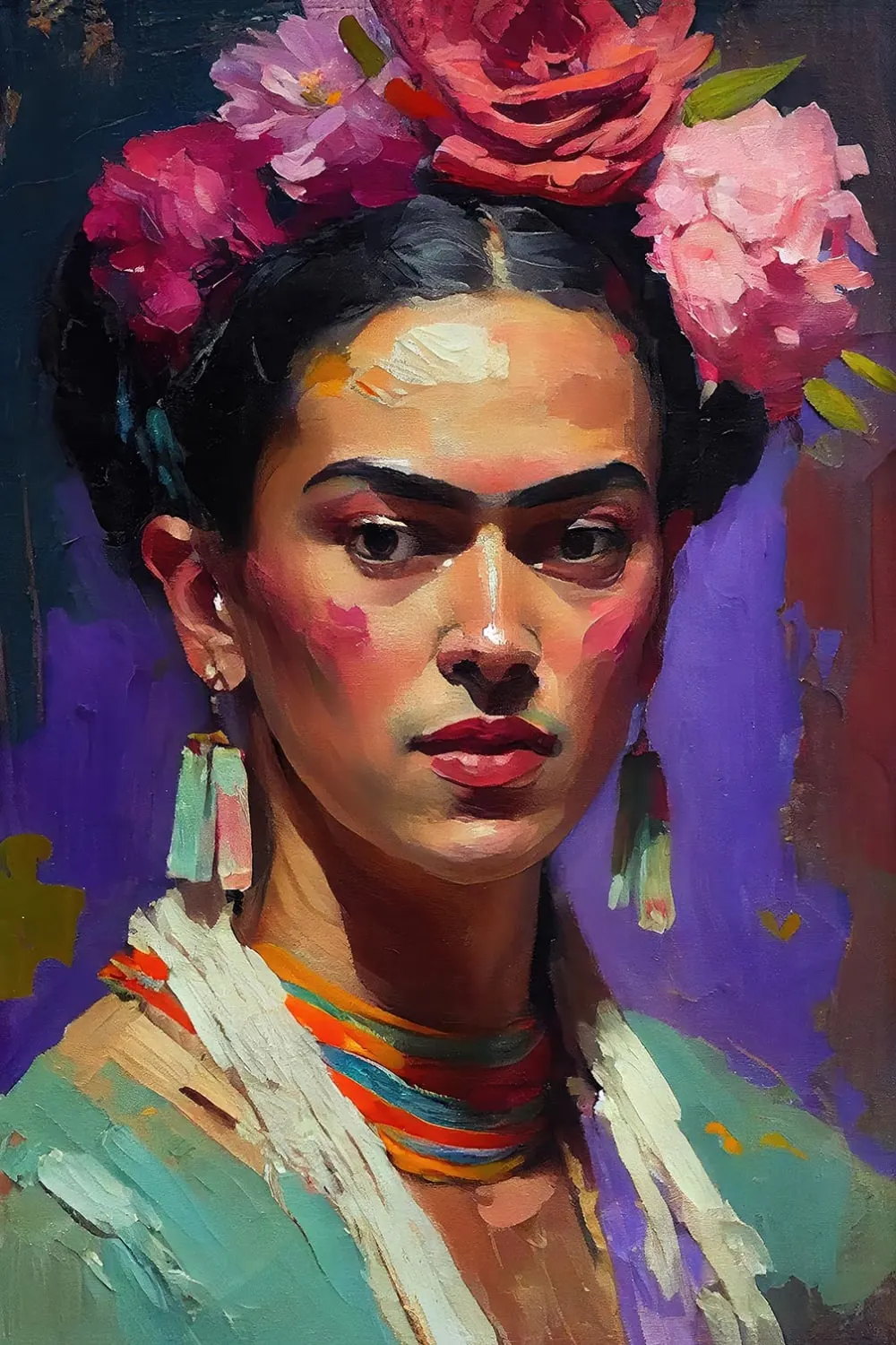 Tableau de fleurs portrait de frida  imprimé sur toile 60x90 cm