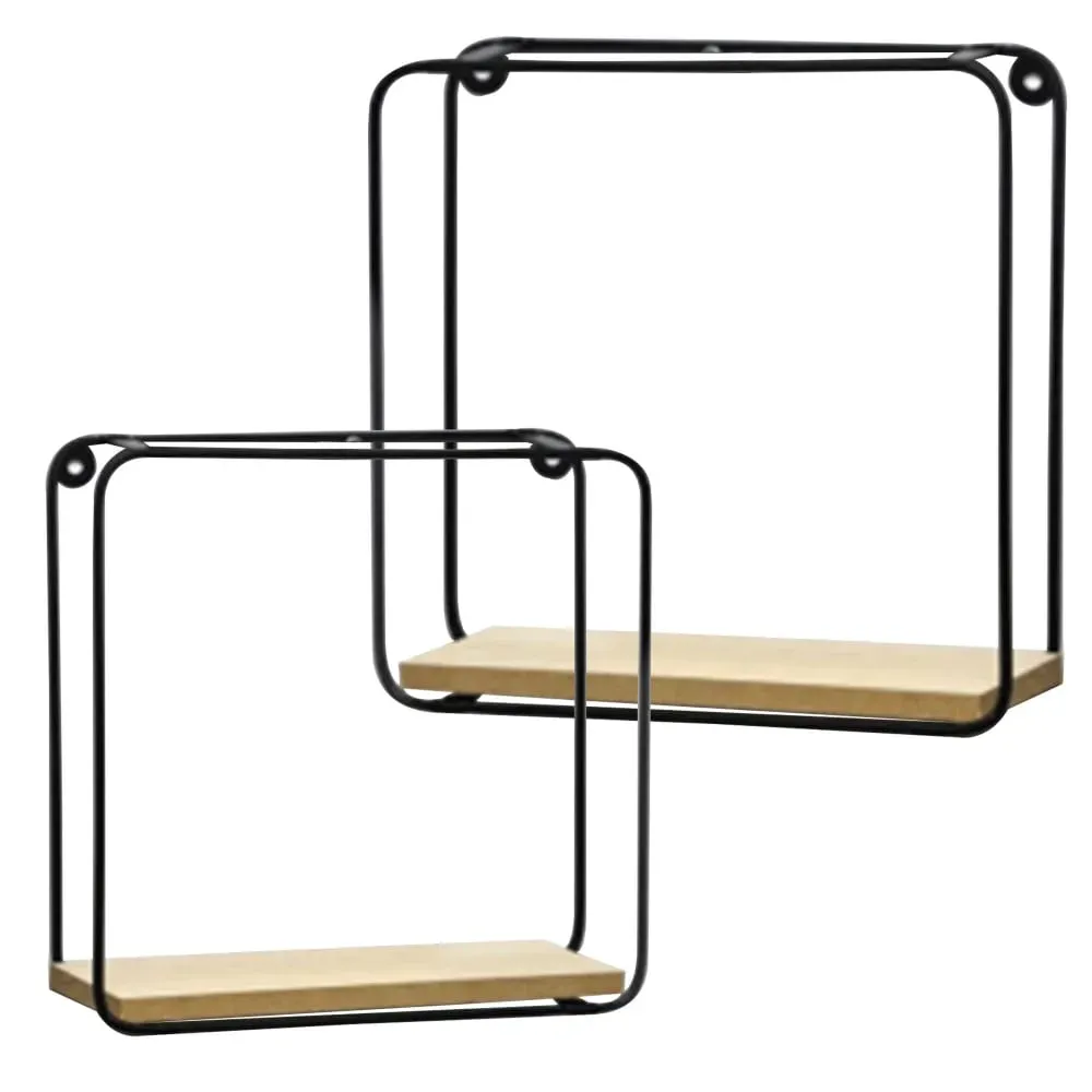 Set de 2 étagères murales en métal noir et bois 21x10x21cm