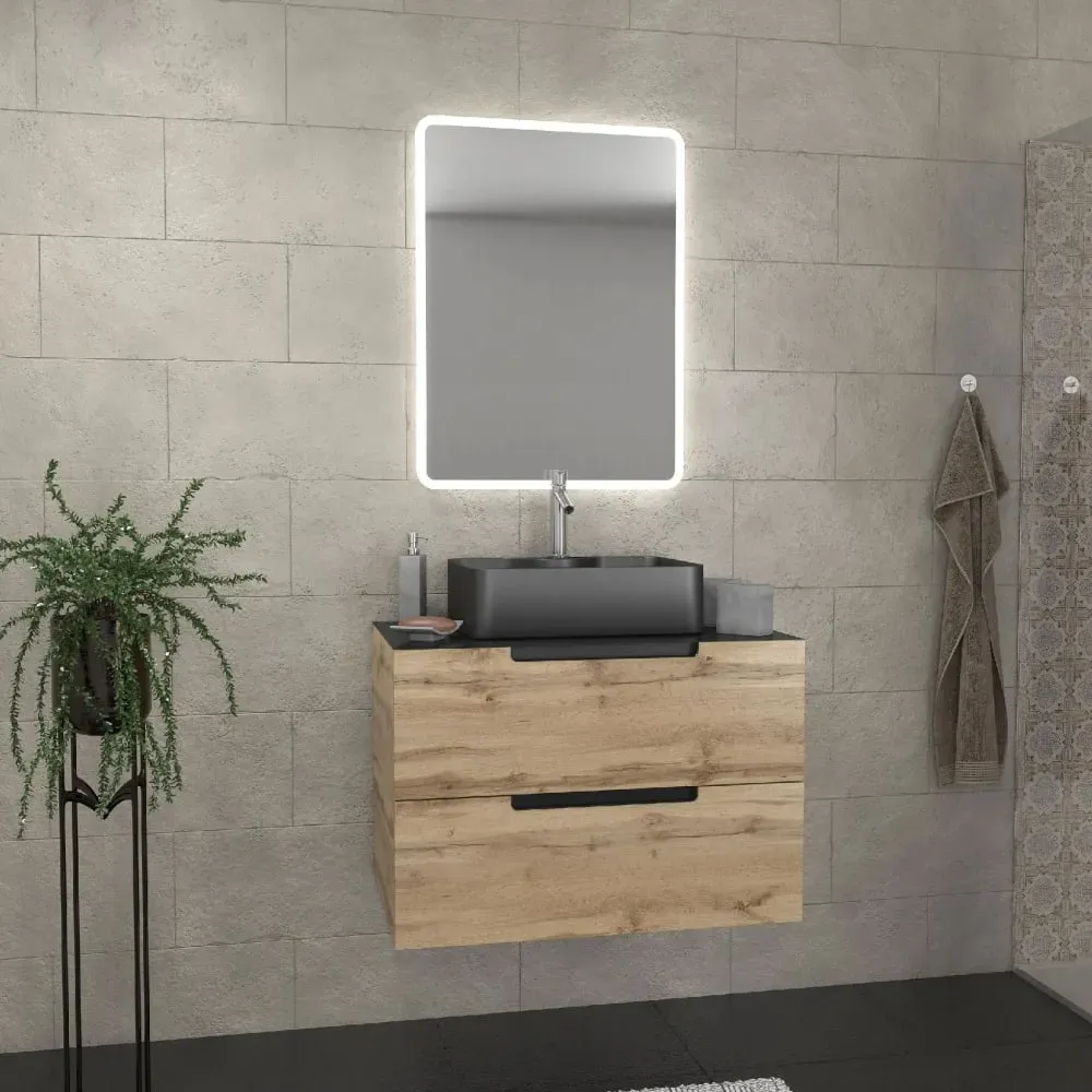Meuble de salle bains avec vasque et miroir au style authentique bois