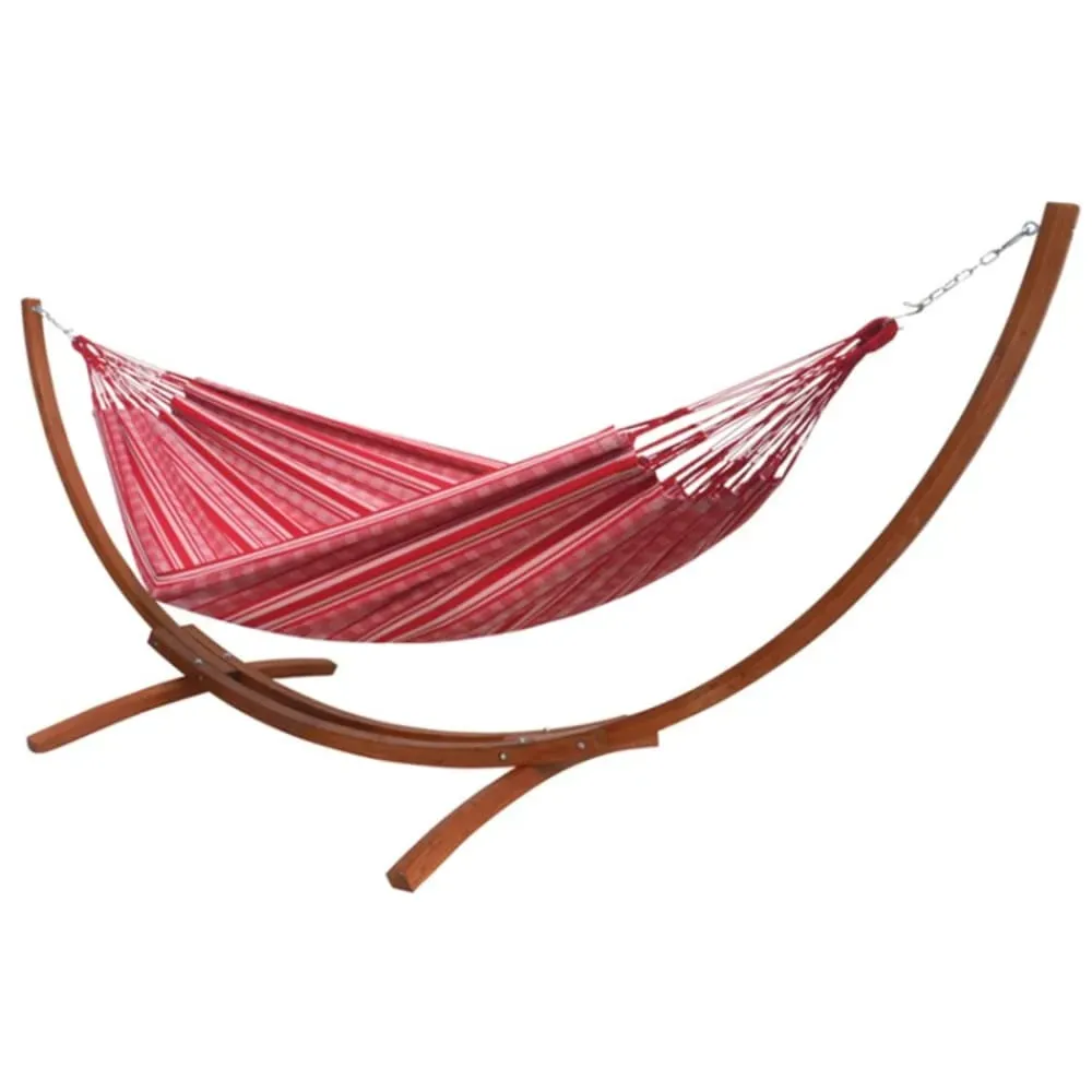 Hamac XL en coton rouge et blanc et son pied en épicéa