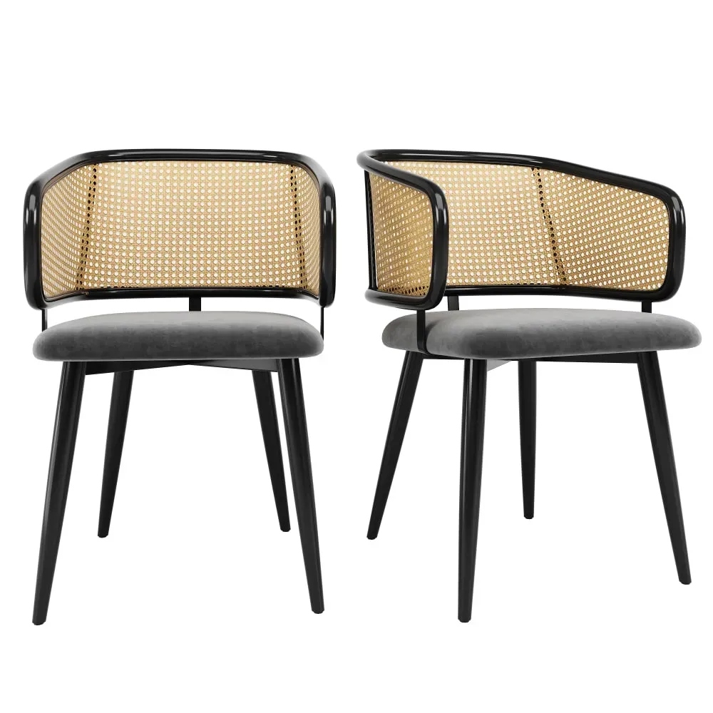 Lot de 2 chaises avec dossier en rotin et assise en velours gris