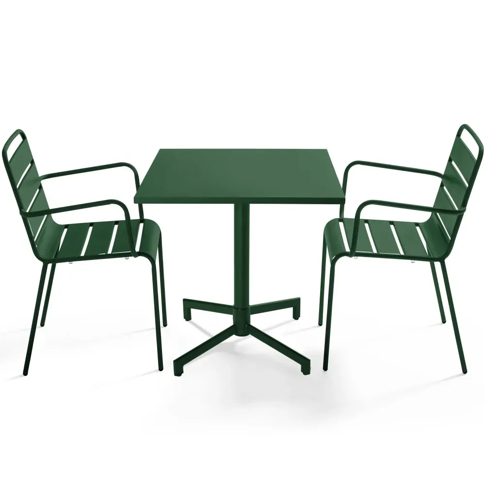 Ensemble table 70 cm et 2 fauteuils de jardin en métal vert forêt