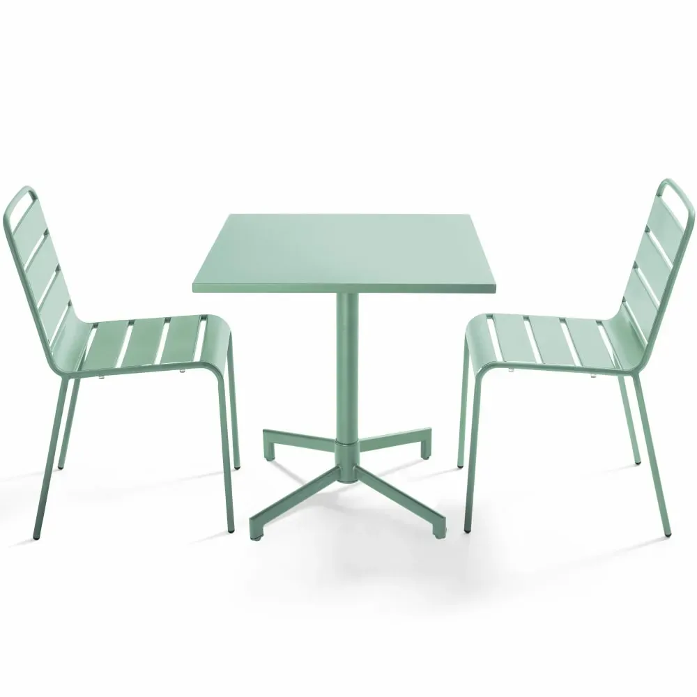 Ensemble table 70 cm et 2 chaises de jardin en métal vert sauge