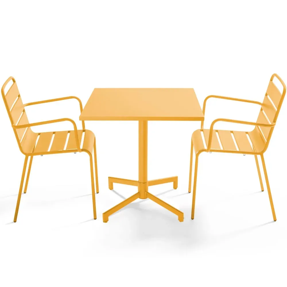 Ensemble table 70 cm et 2 fauteuils de jardin en métal jaune