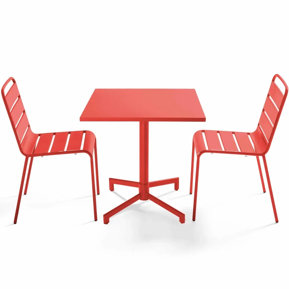 Ensemble table 70 cm et 2 chaises de jardin en métal rouge