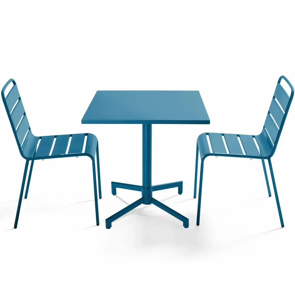 Ensemble table 70 cm et 2 chaises de jardin en métal bleu pacific