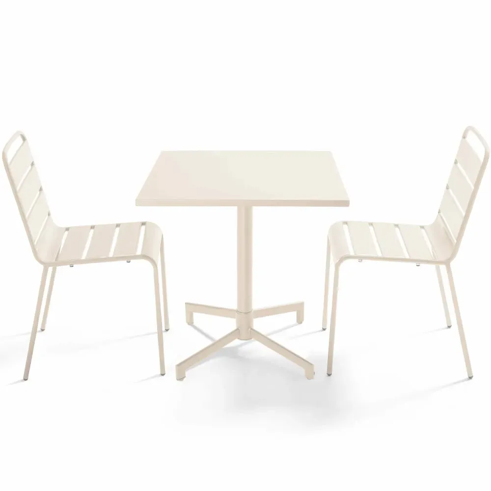 Ensemble table 70 cm et 2 chaises de jardin en métal ivoire