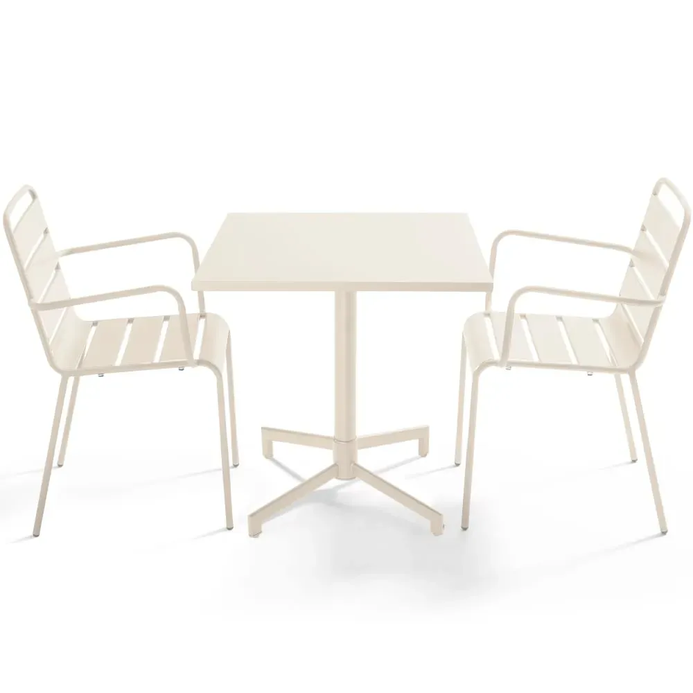 Ensemble table 70 cm et 2 fauteuils de jardin en métal ivoire