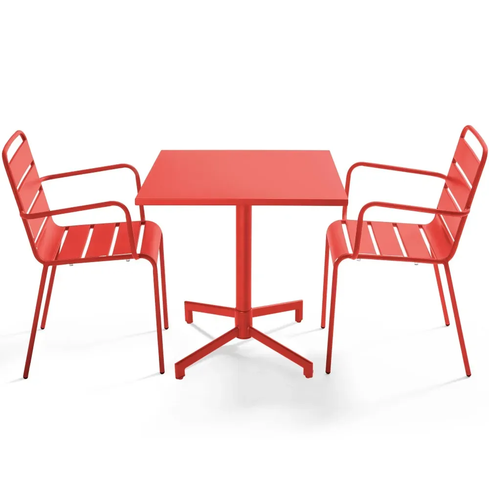 Ensemble table 70 cm et 2 fauteuils de jardin en métal rouge