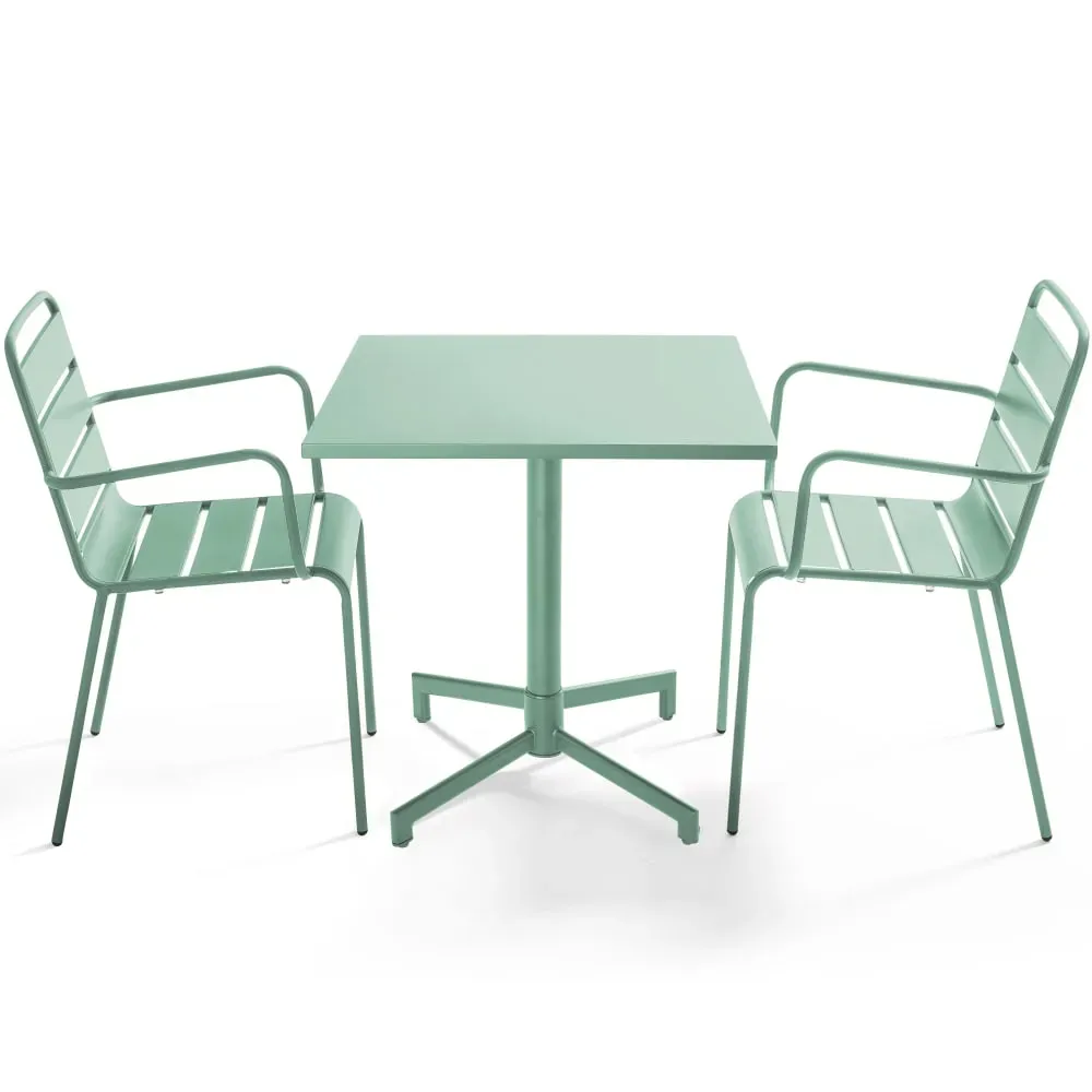 Ensemble table 70 cm et 2 fauteuils de jardin en métal vert sauge