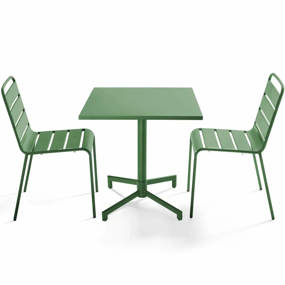 Ensemble table 70 cm et 2 chaises de jardin en métal vert cactus