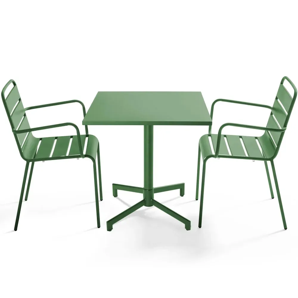 Ensemble table 70 cm et 2 fauteuils de jardin en métal vert cactus
