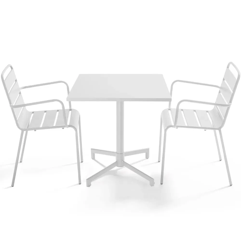 Ensemble table 70 cm et 2 fauteuils de jardin en métal blanc