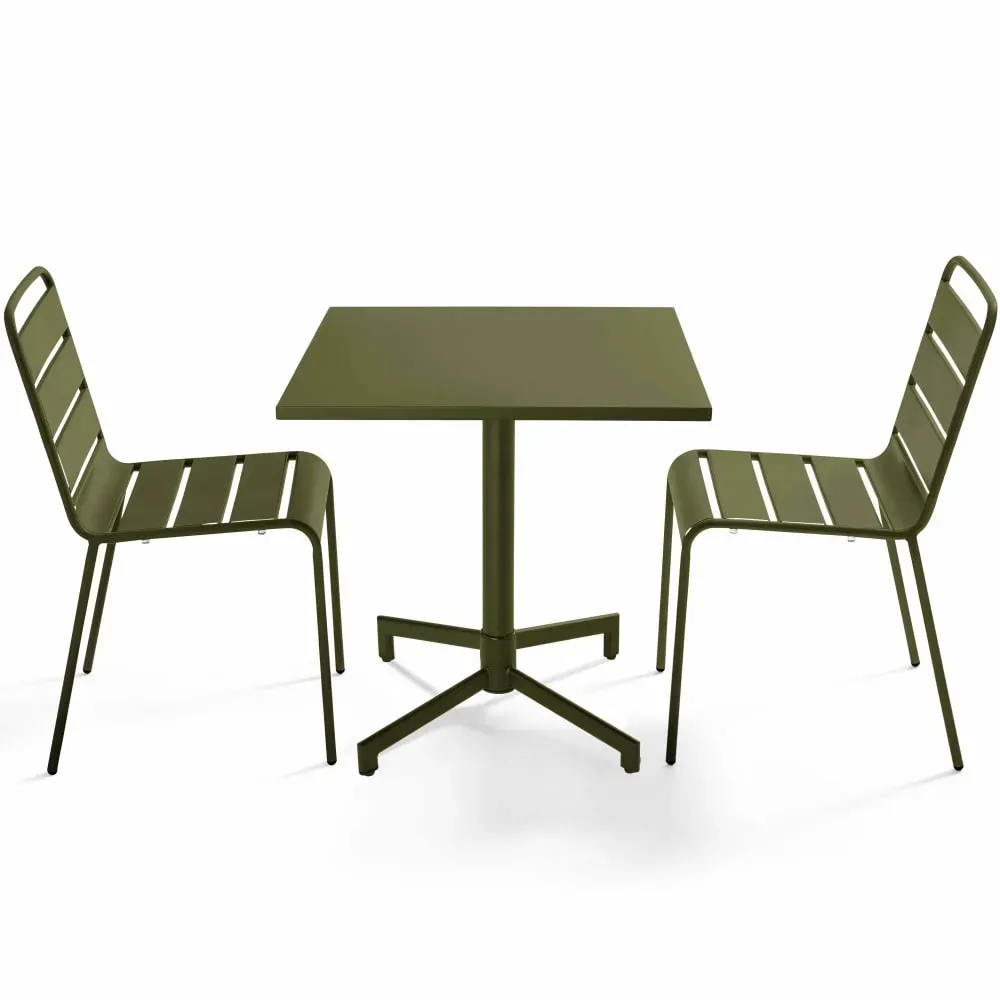 Ensemble table 70 cm et 2 chaises de jardin en métal vert kaki