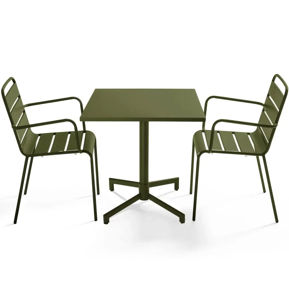 Ensemble table 70 cm et 2 fauteuils de jardin en métal vert kaki