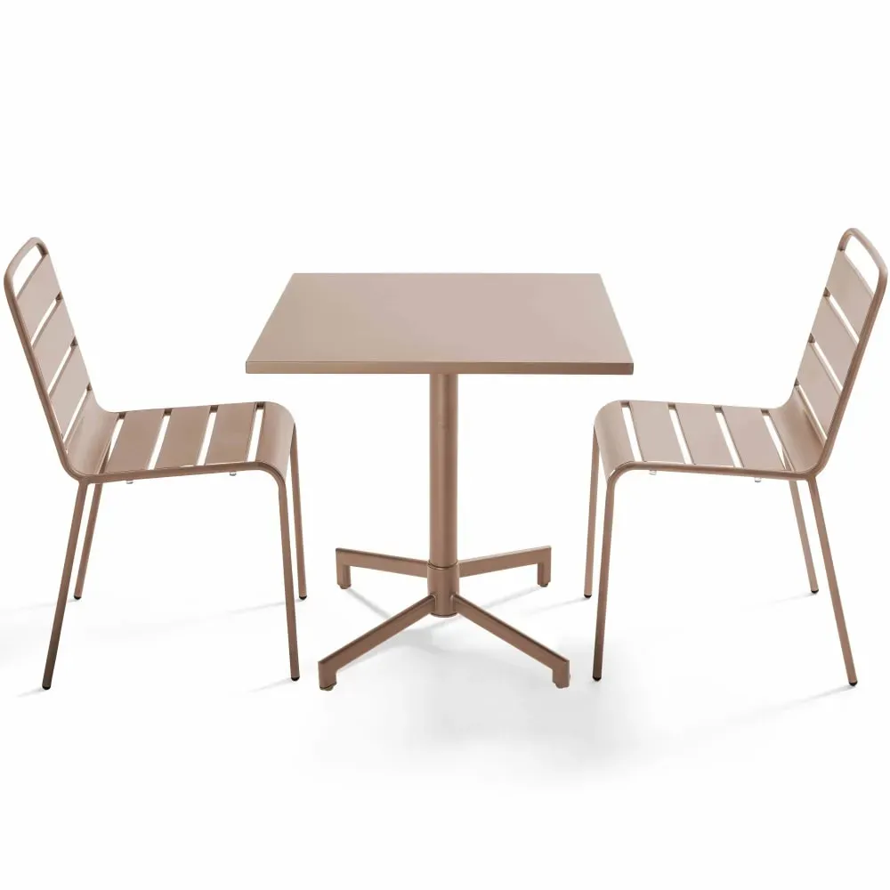 Ensemble table 70 cm et 2 chaises de jardin en métal taupe