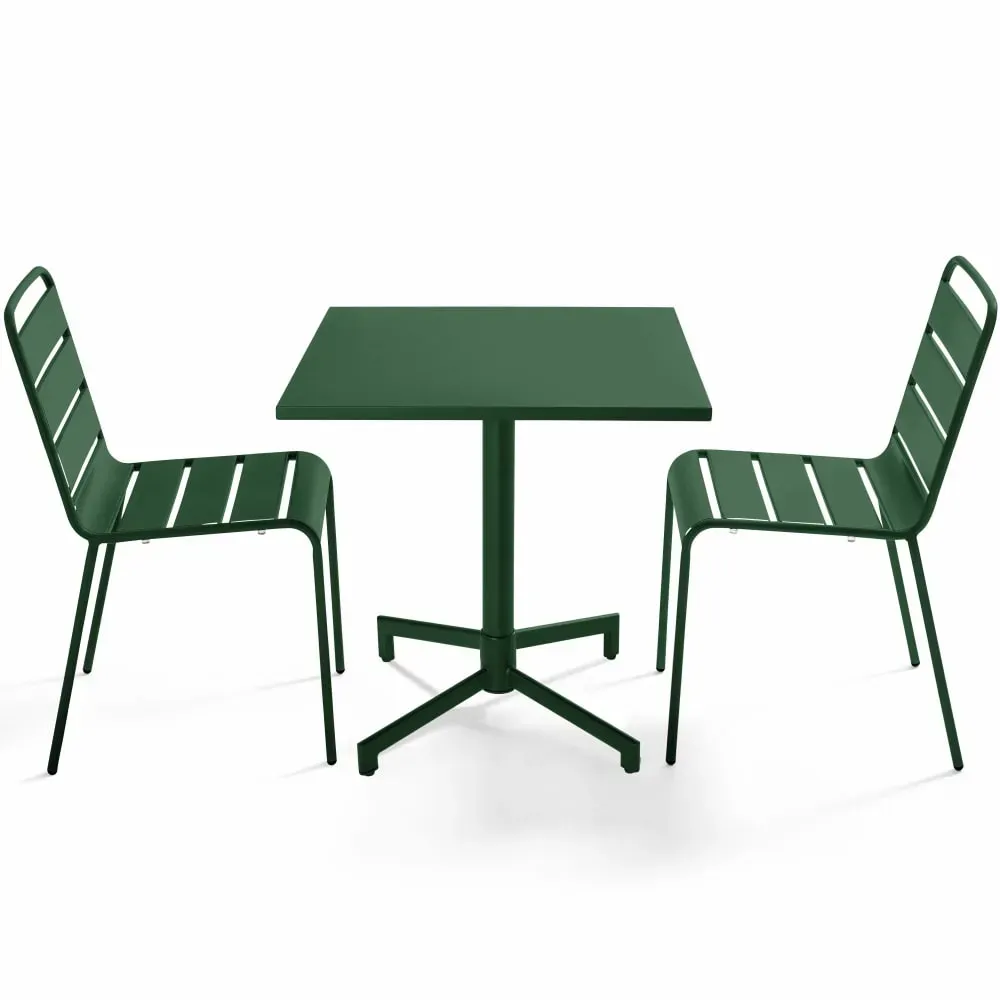 Ensemble table 70 cm et 2 chaises de jardin en métal vert forêt