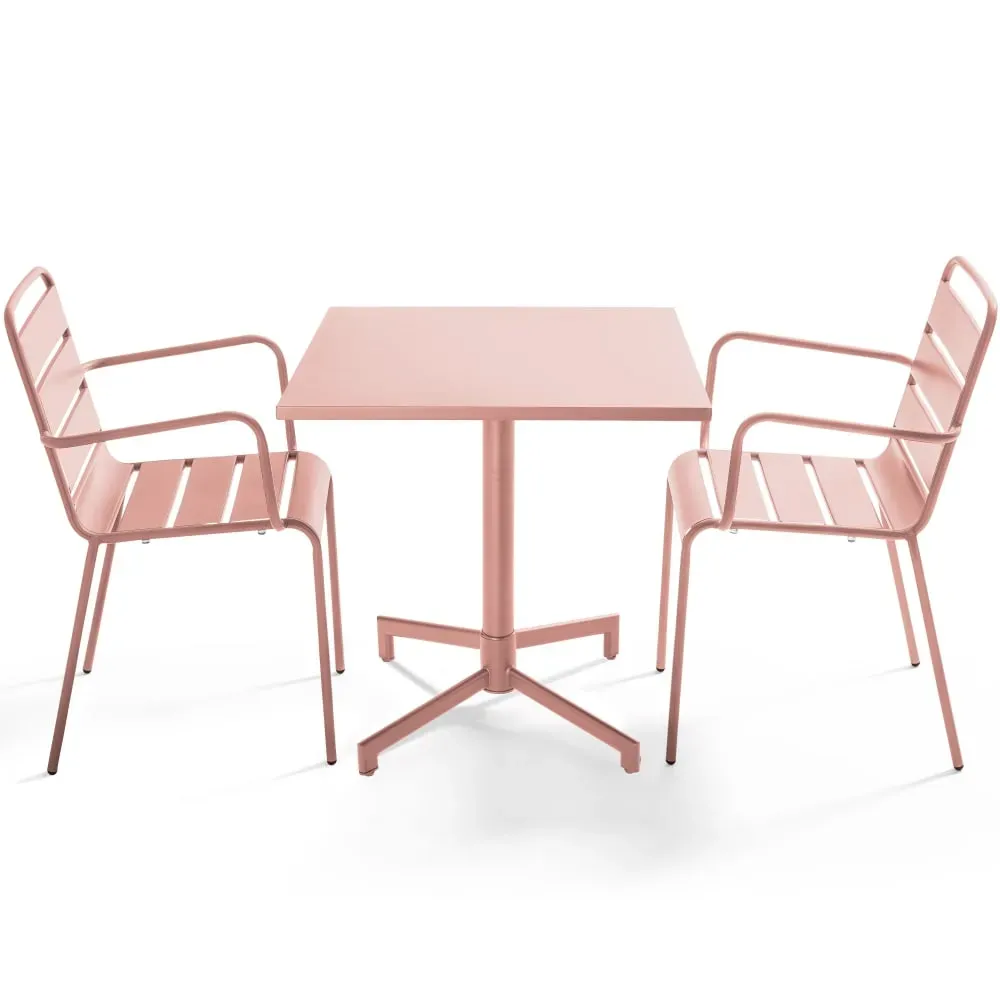 Ensemble table 70 cm et 2 fauteuils de jardin en métal rose poudré