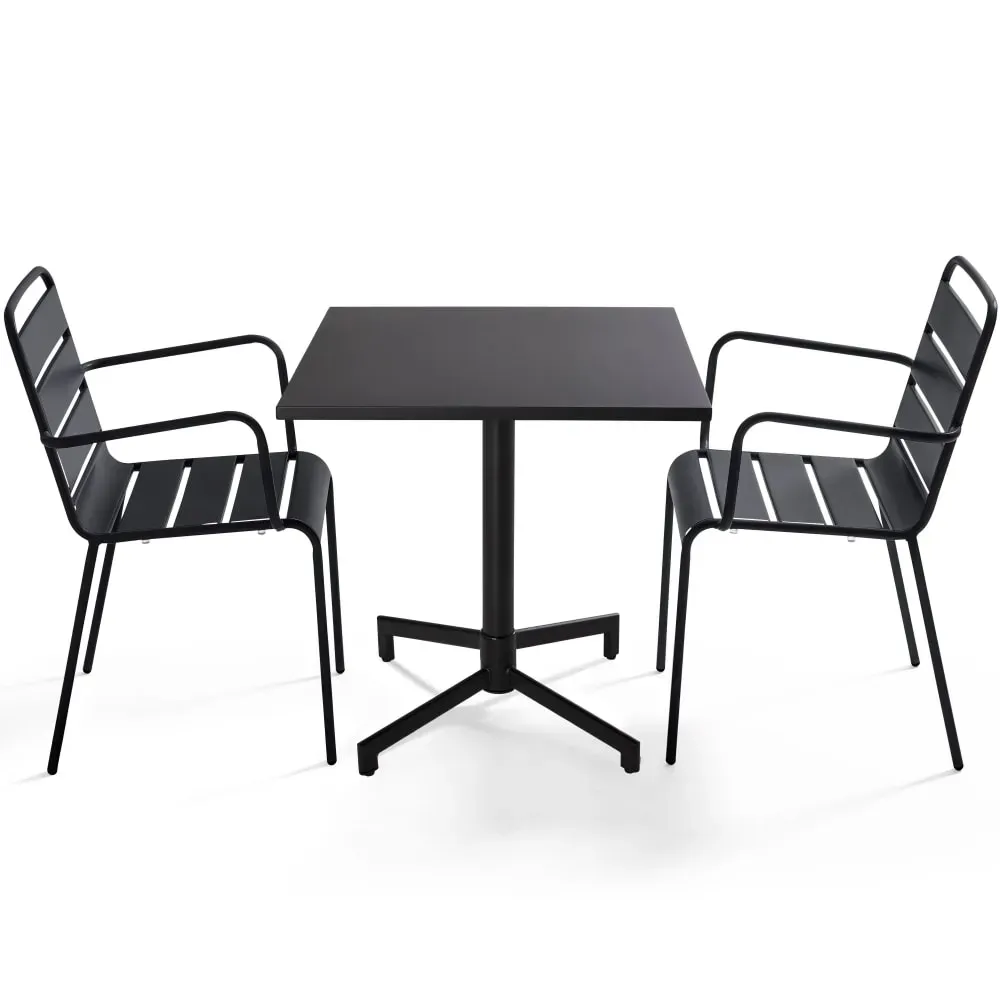 Ensemble table 70 cm et 2 fauteuils de jardin en métal gris anthracite