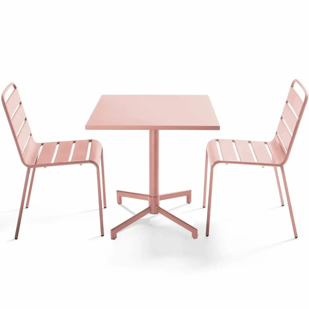 Ensemble table 70 cm et 2 chaises de jardin en métal rose poudré