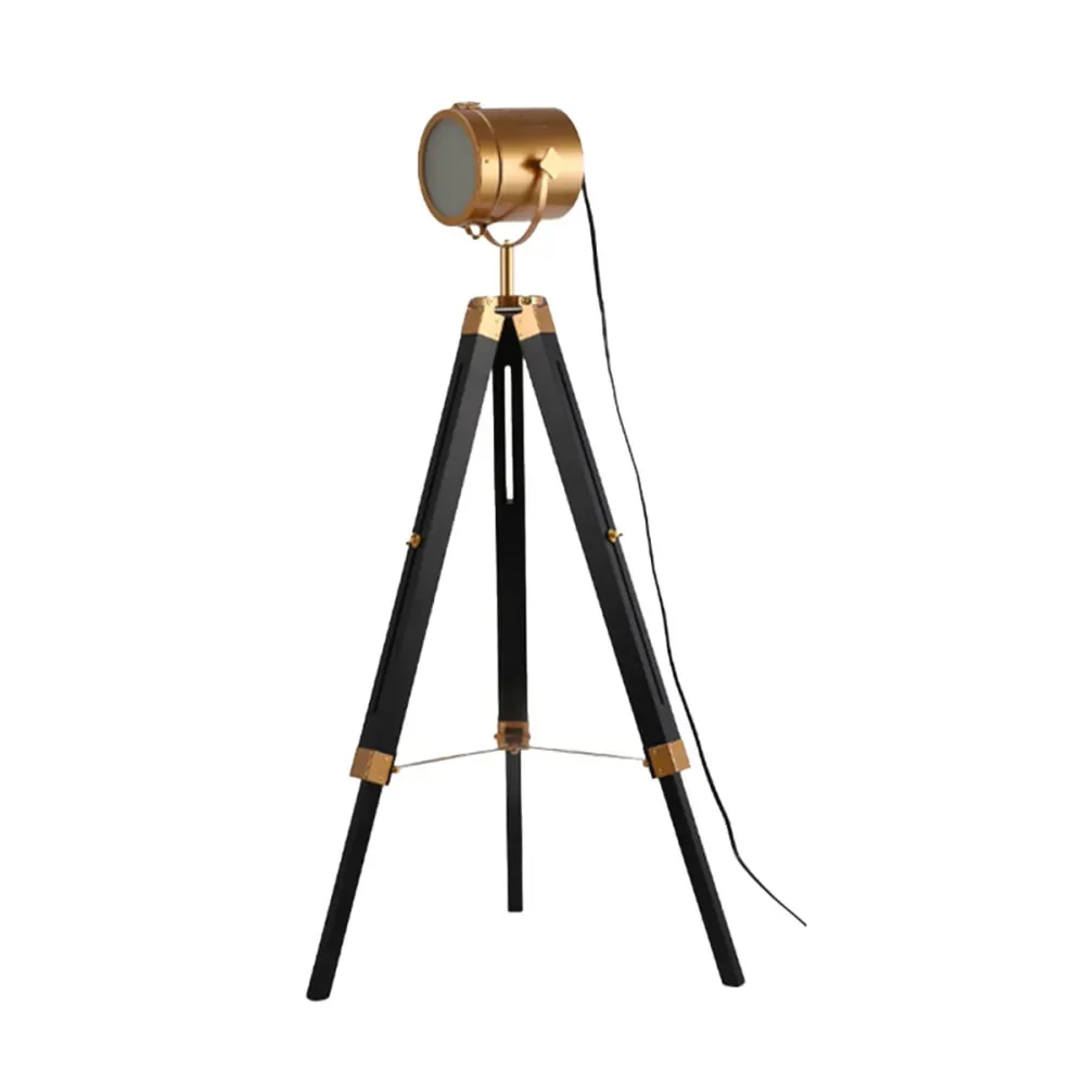 Lampadaire trépied bois naturel E27, réglable, doré