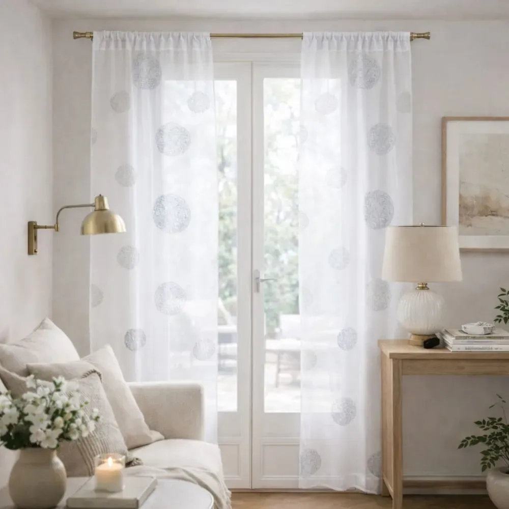 Voilage de fenêtre ronds brodés polyester blanc 90x210 cm