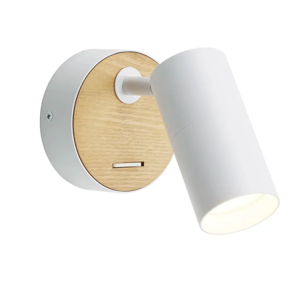 Applique Murale Orientable Blanc et Bois GU10 Ø11×5,5 cm