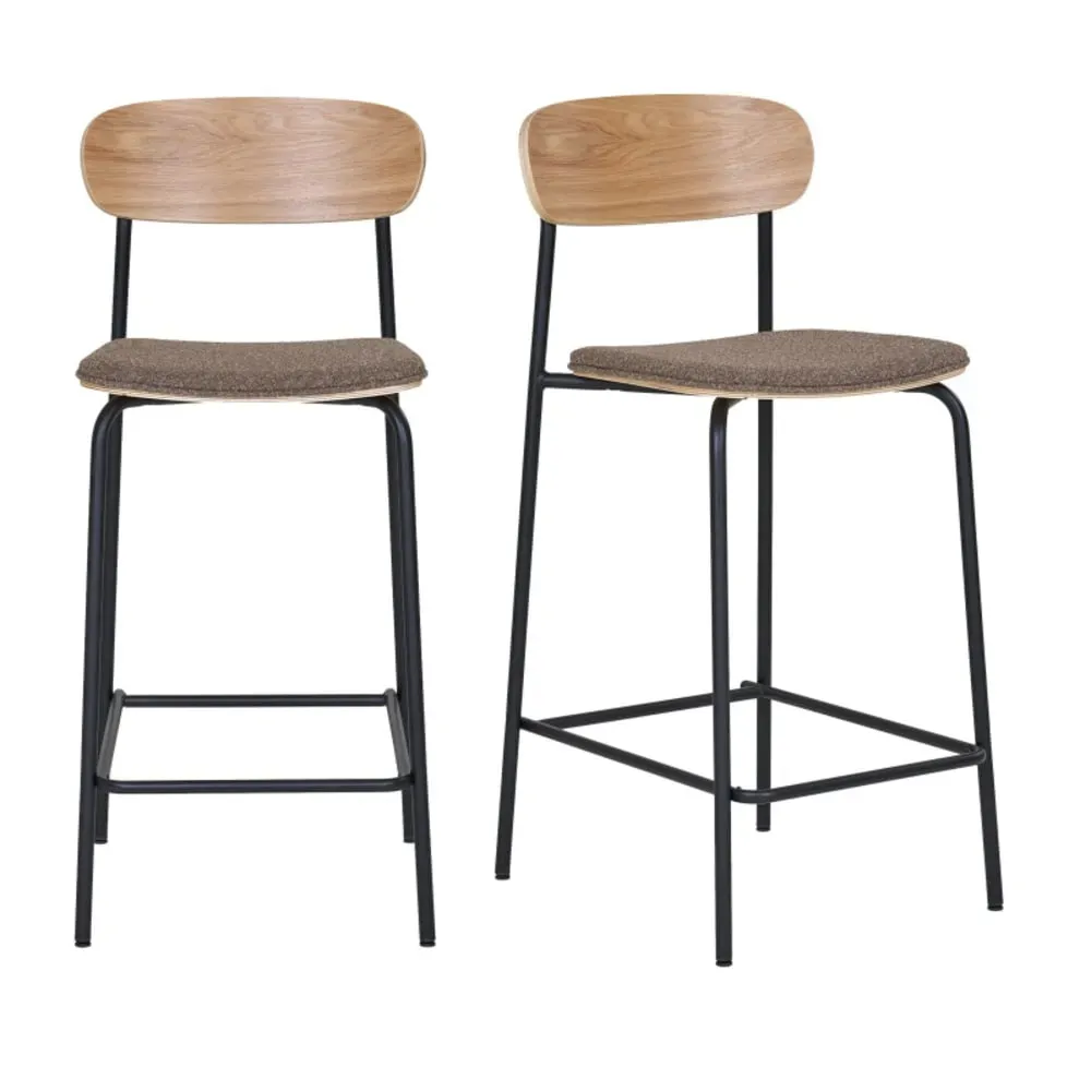 Tabouret en frêne massif, acier noir et tissu taupe (x2)