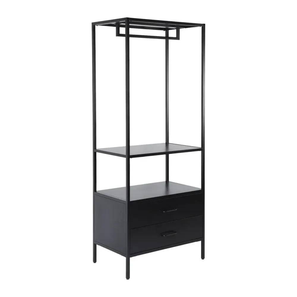 Meuble d'entrée, porte manteau métal noir avec penderie et 2 tiroirs