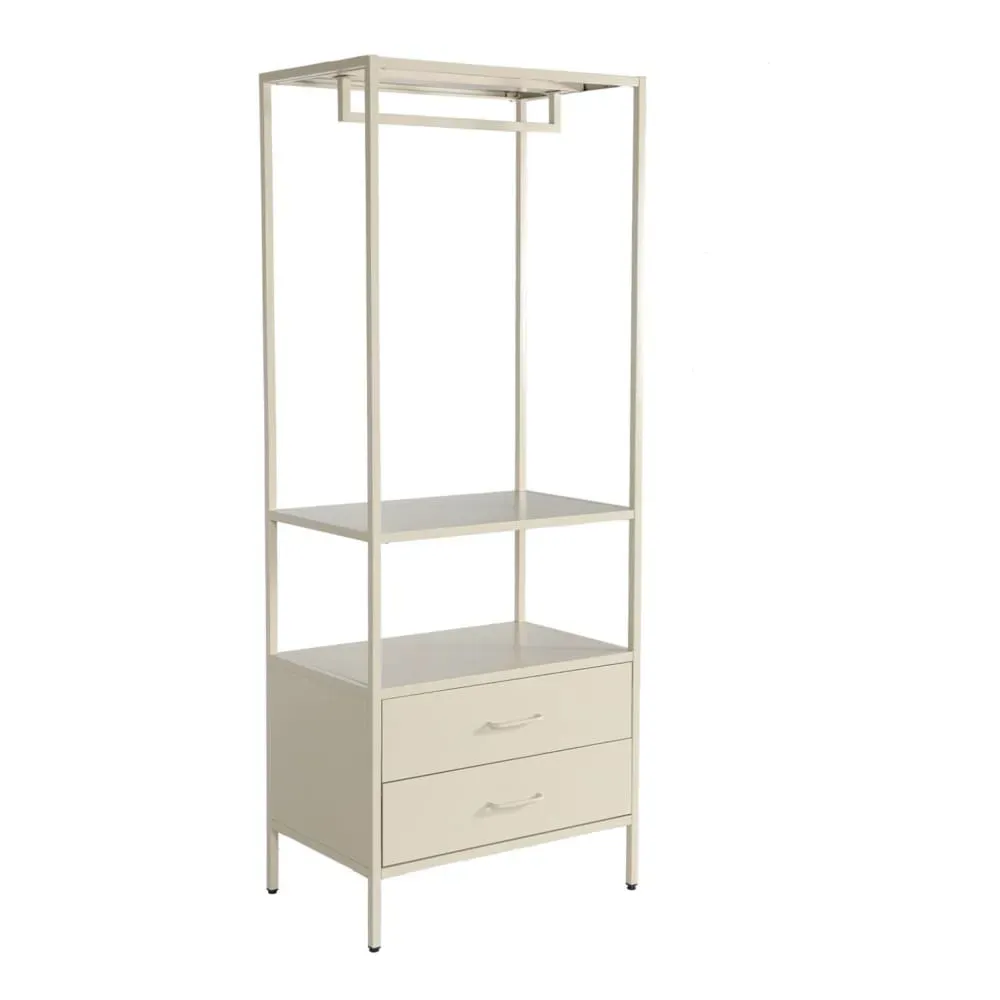 Meuble d'entrée, porte manteau métal crème avec penderie et 2 tiroirs