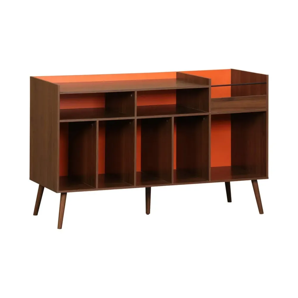 Meuble vinyle vintage bicolore décor bois et orange 130cm
