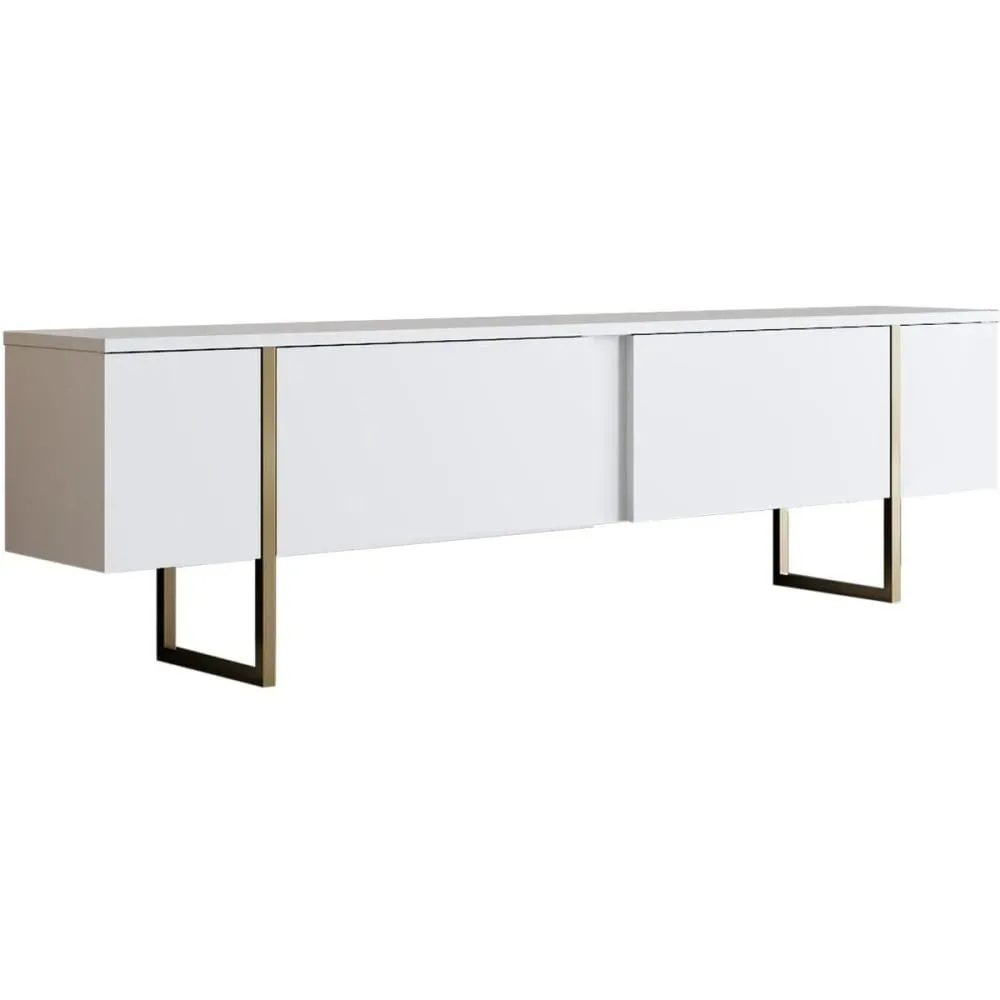 Meuble TV 2 portes blanc, piètement doré 180 cm