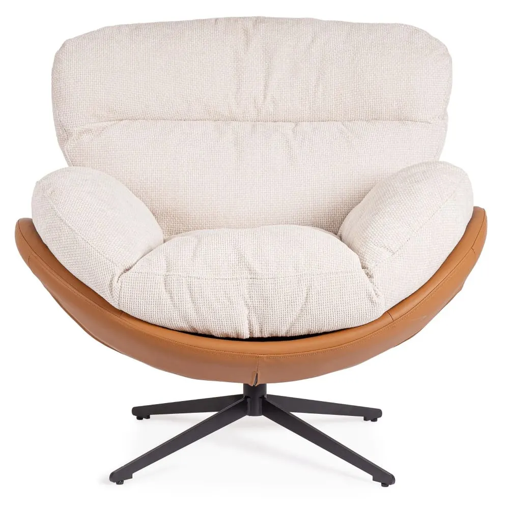 Fauteuil relax pivotant tissu/simili écru/cognac