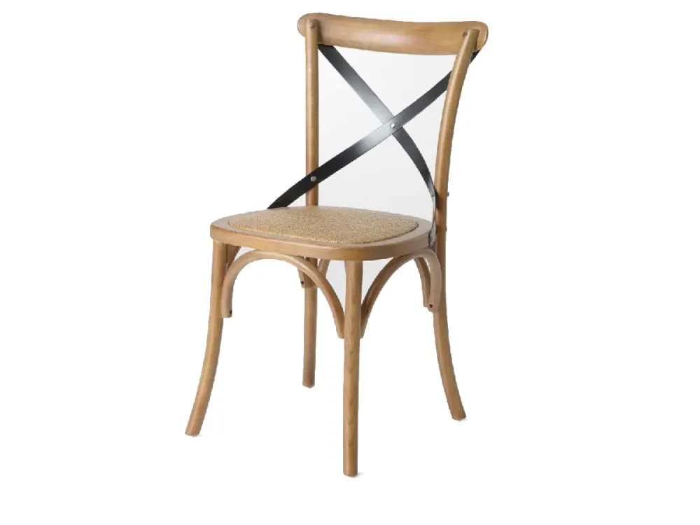 Chaise en bois assise rotin avec dossier croisé barres noires