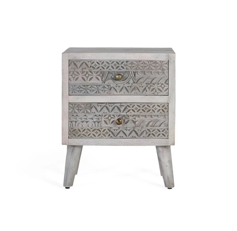 Table de chevet à deux tiroirs en bois de manguier