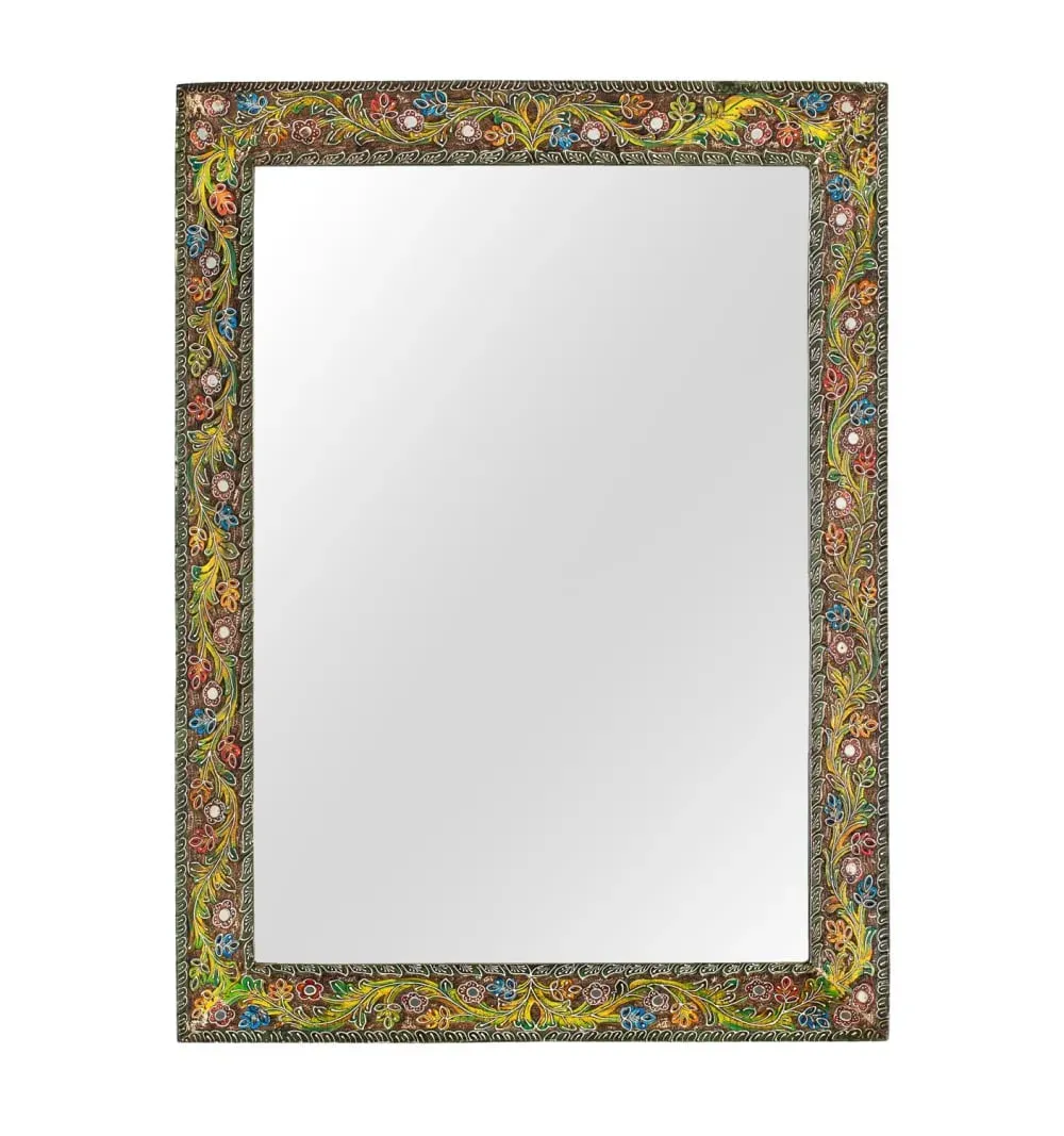 Miroir rectangulaire avec cadre en bois de manguier à motif floral