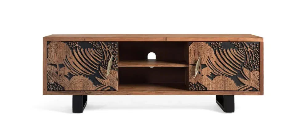 Meuble TV à deux portes orné de détails en relief
