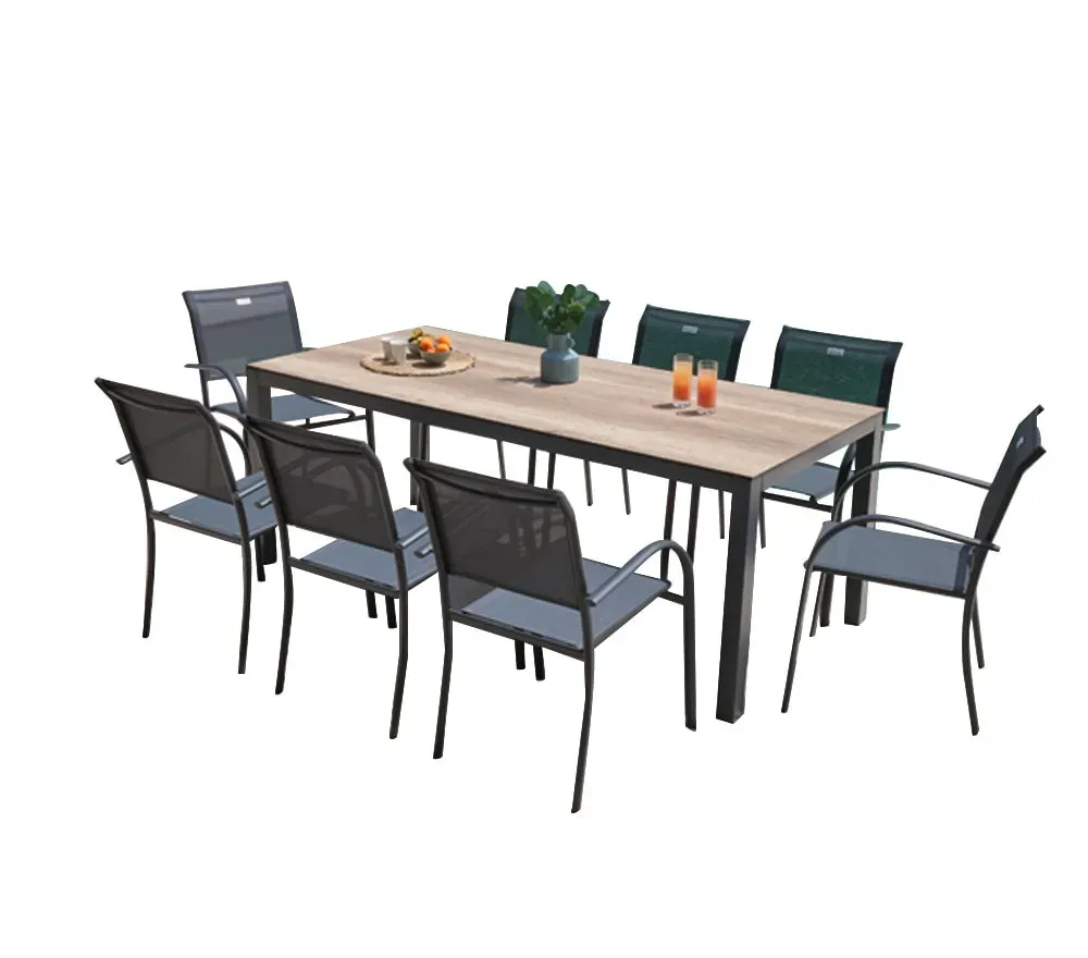 Ensemble table et 8 chaises de jardin en aluminium chêne doré