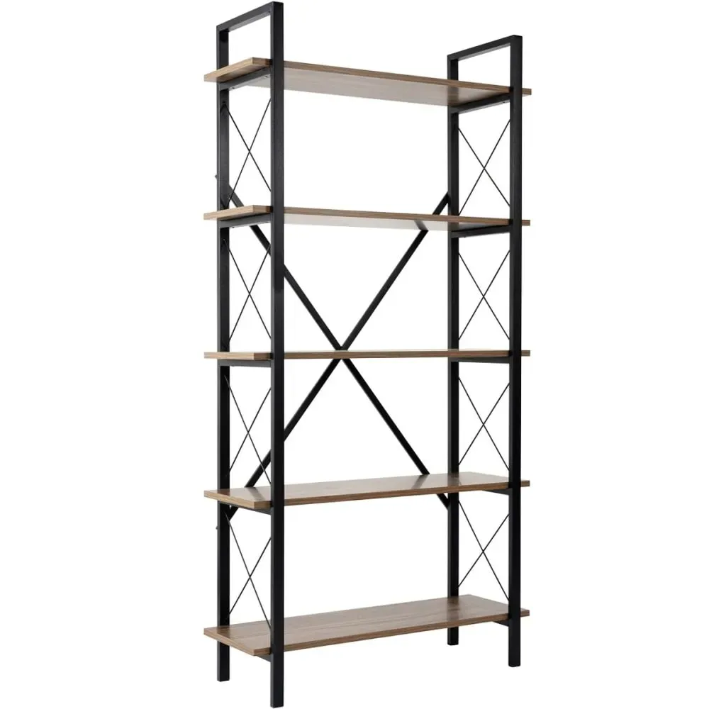 Etagère 5 niveaux effet Noyer et piètement noir 90 cm