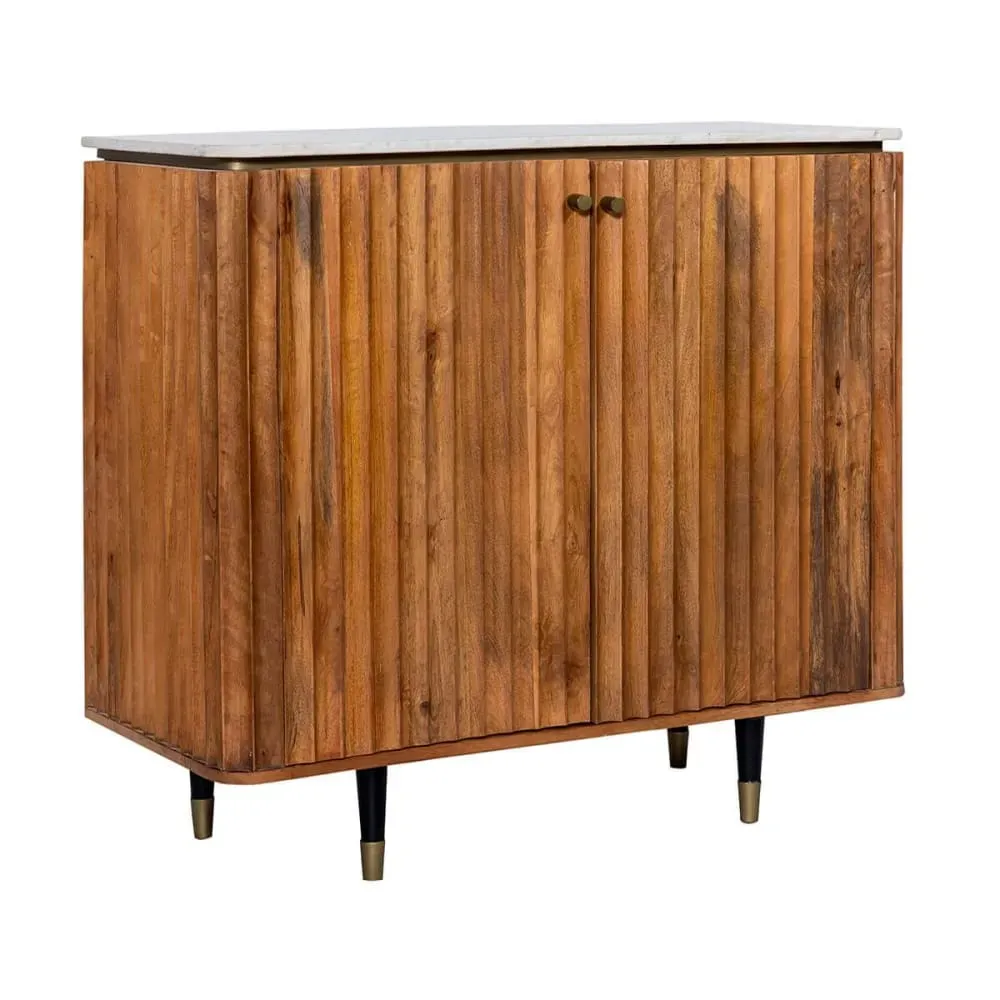 Meuble de rangement 2 portes manguier plateau marbre pieds embout doré