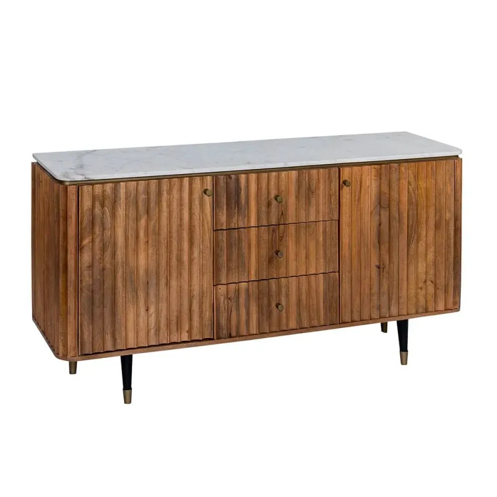 Buffet 2 portes 3 tiroirs manguier plateau marbre pieds embout doré