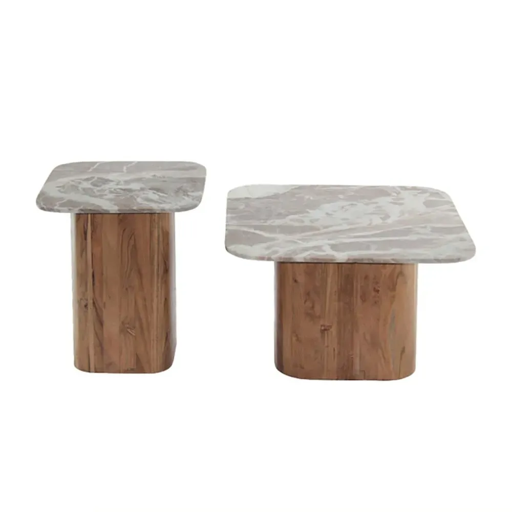 Lot de 2 tables basses plateau marbre naturel piètement acacia