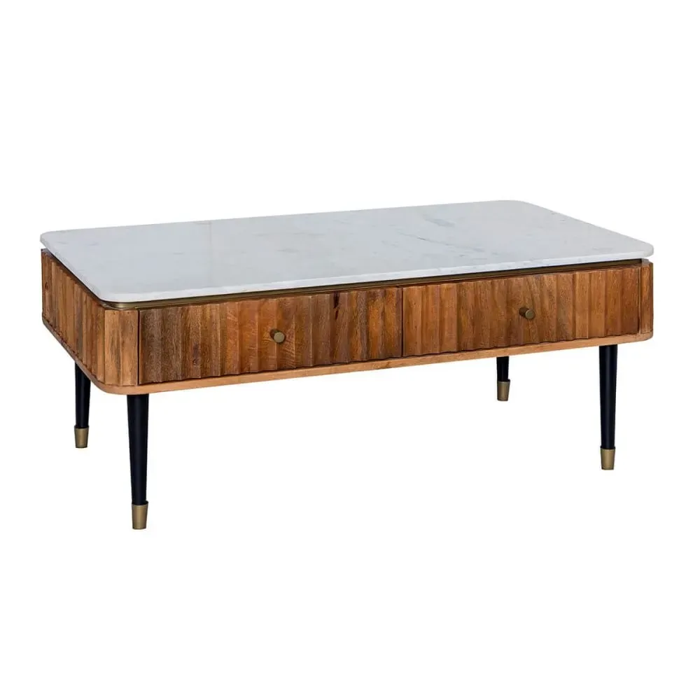 Table basse 4 tiroirs manguier plateau marbre pieds embout doré