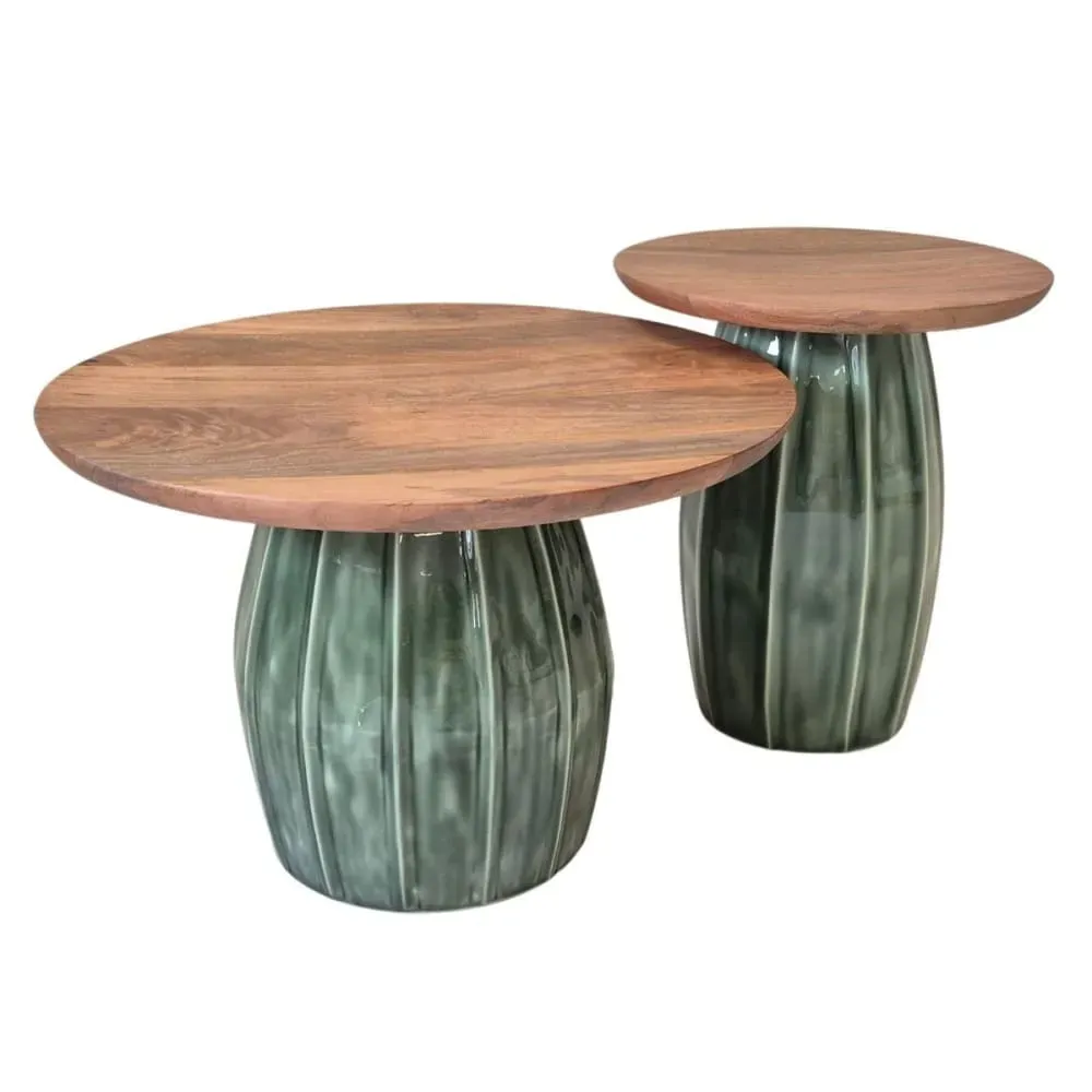 Lot de 2 tables basses rondes acacia piètement acier émaillé vert