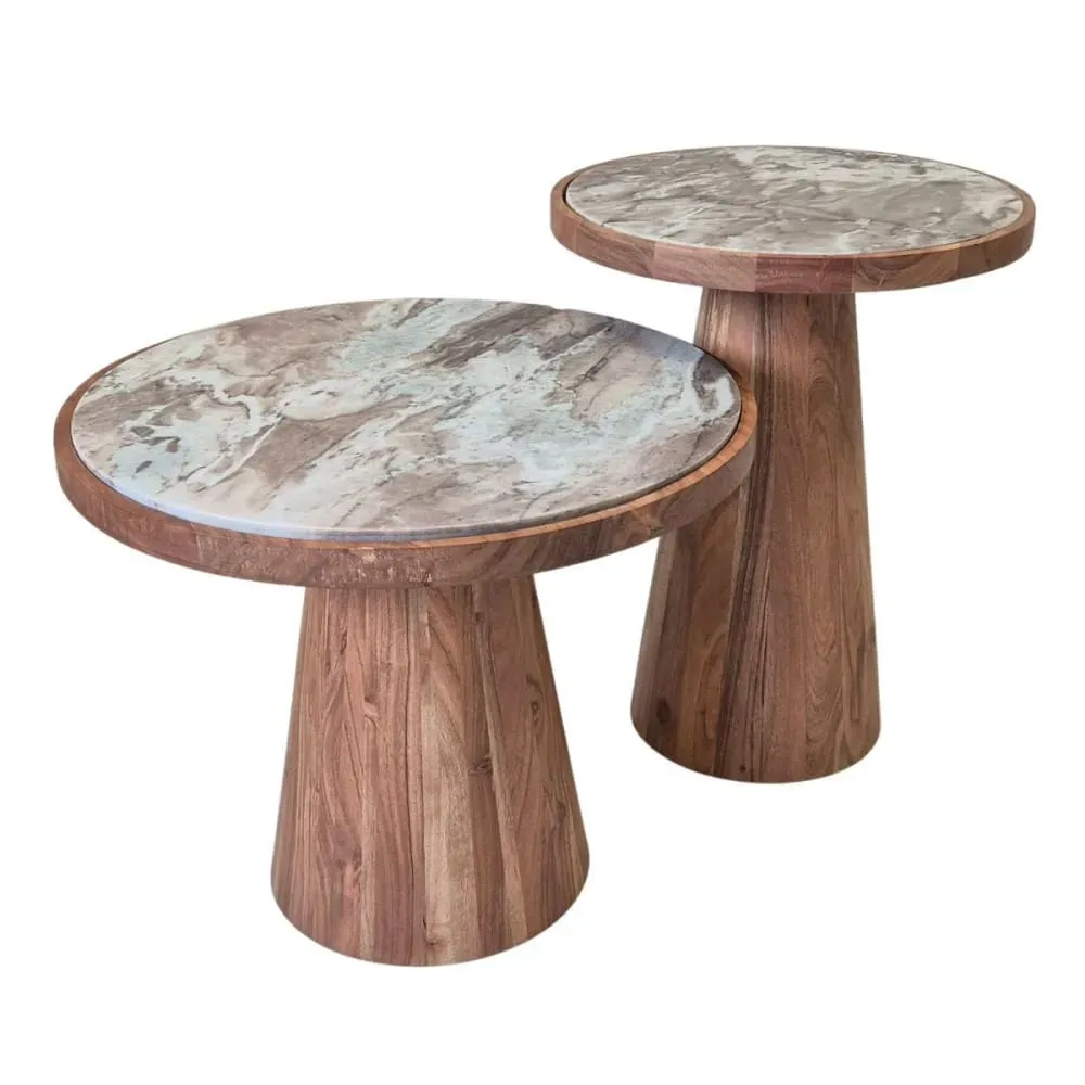 Lot de 2 tables basses rondes base acacia avec plateau en marbre