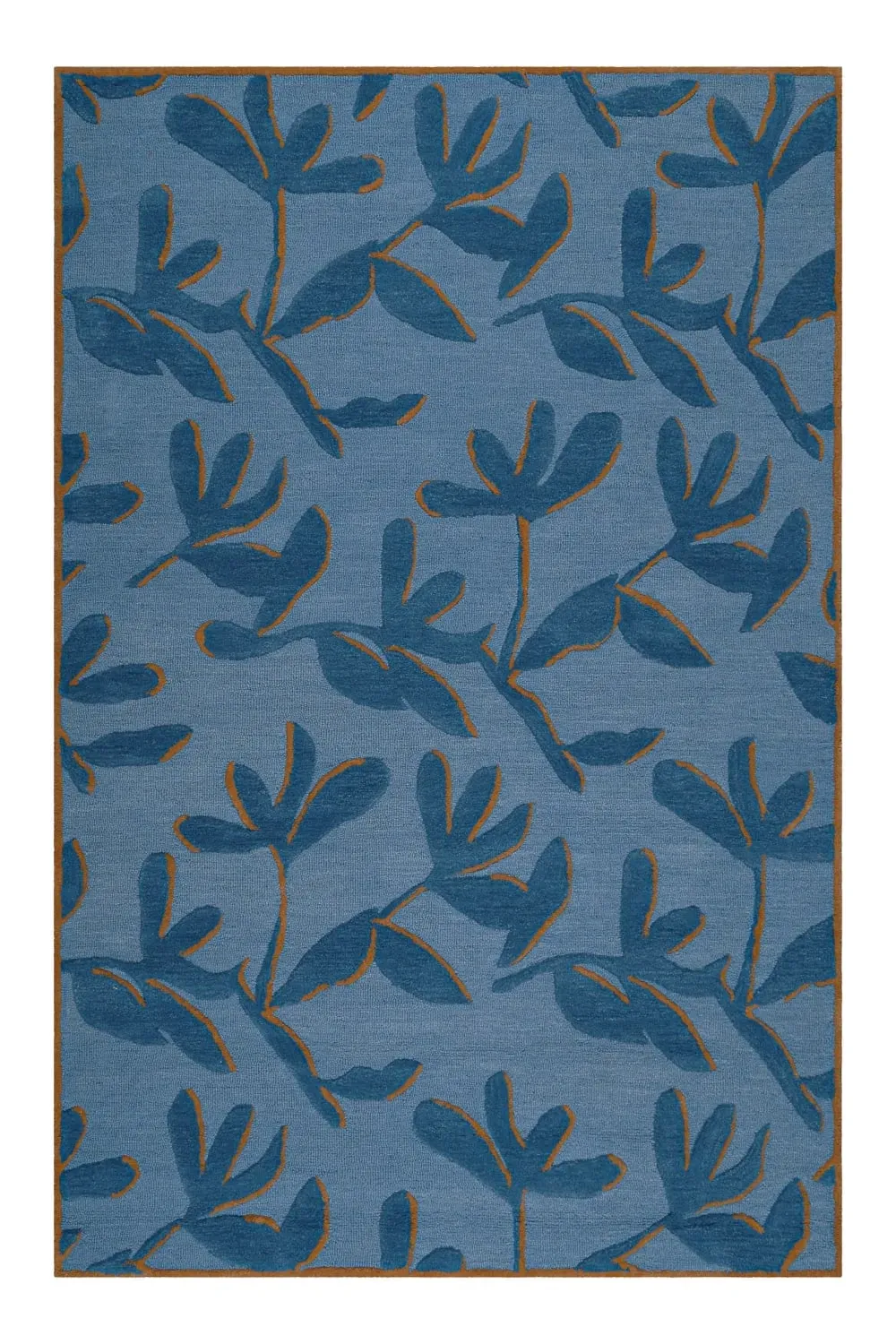 Tapis design floral tufté pure laine bleu et brique  80x150