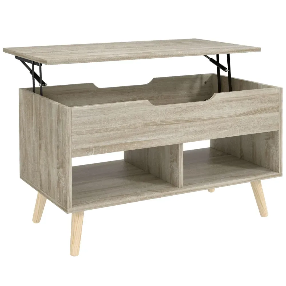 Table basse relevable étagères ouvertes métal et bois bois naturel