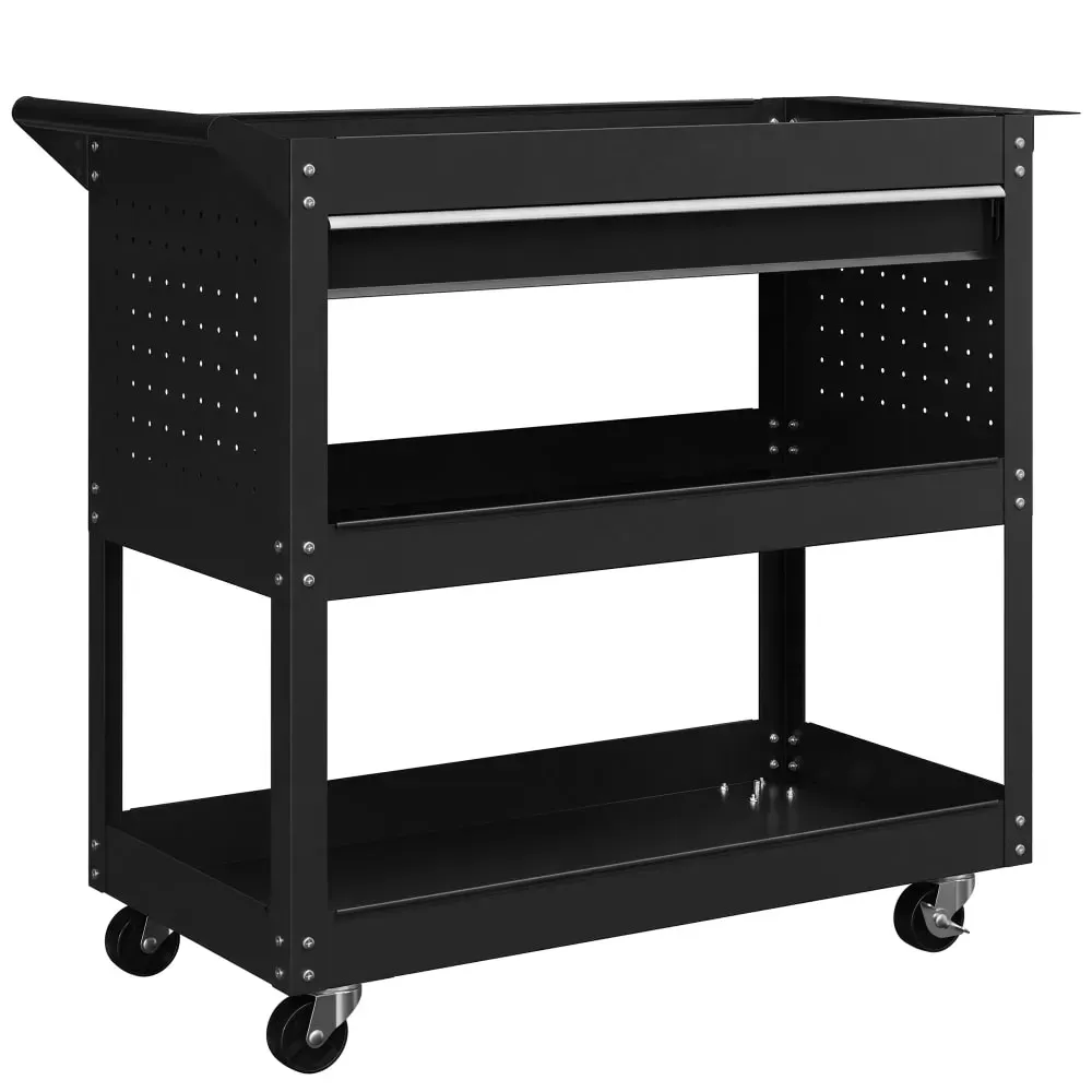 Chariot outils trois niveaux avec tiroir poignée acier noir
