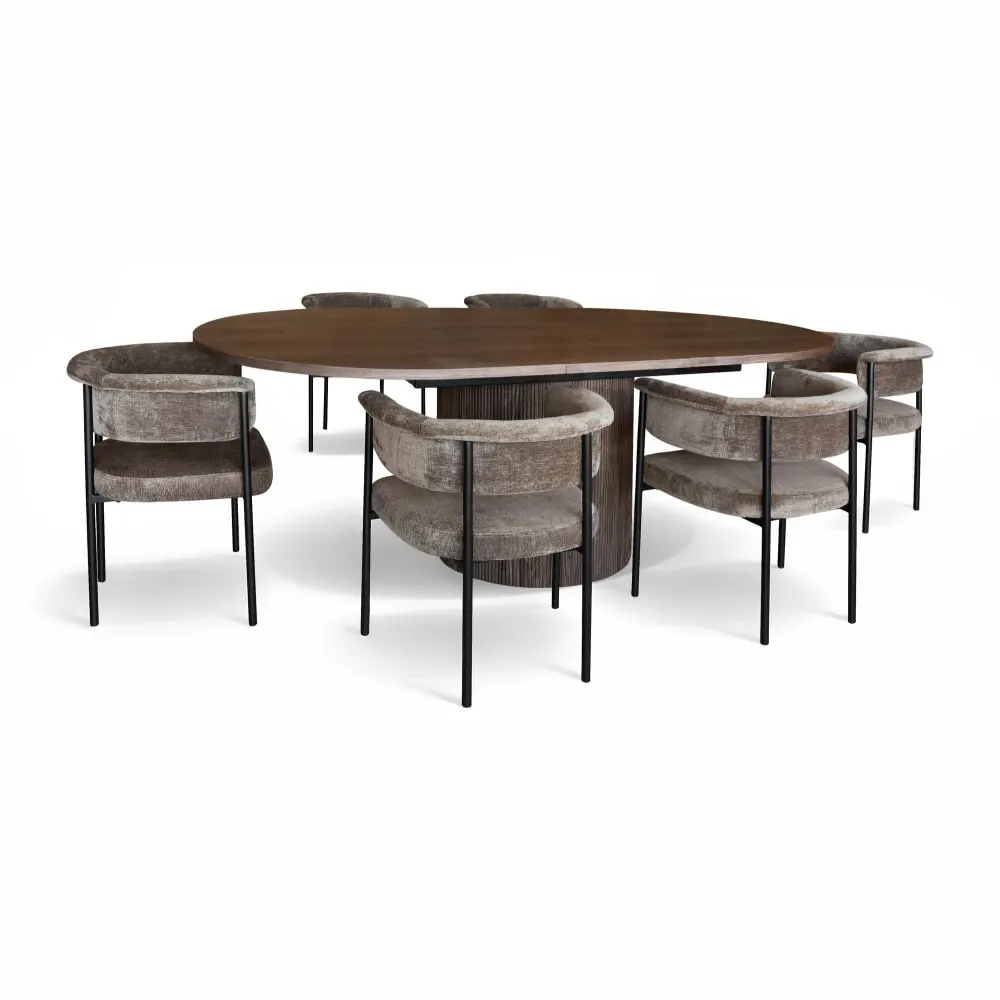 Ensemble table extensible ovale et 6 fauteuils en tissu café